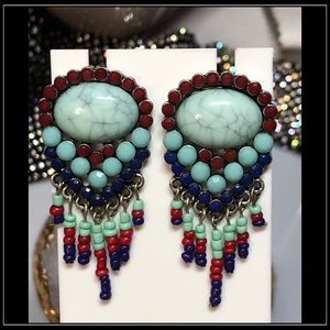 Blue colorful tribal southwestern turquoise ornate western cowgirl bead earrings